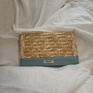 Miu Miu Raffia Small Clutch Bag – Natural Woven Straw + Aqua Blue Trim – NEW GWP